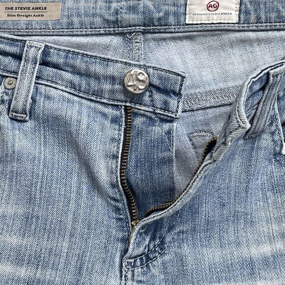 AG SZ 29 Stevie Ankle Jeans Slim Straight Distressed Rips Mid-Rise Pockets Blue - Picture 9 of 12
